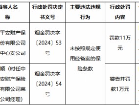 平安产险烟台中心支公司被罚11万元：未按照规定使用经备案的保险条款