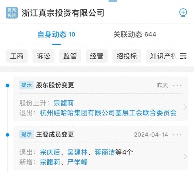 宗馥莉全资控股浙江真宗投资公司，娃哈哈工会退出